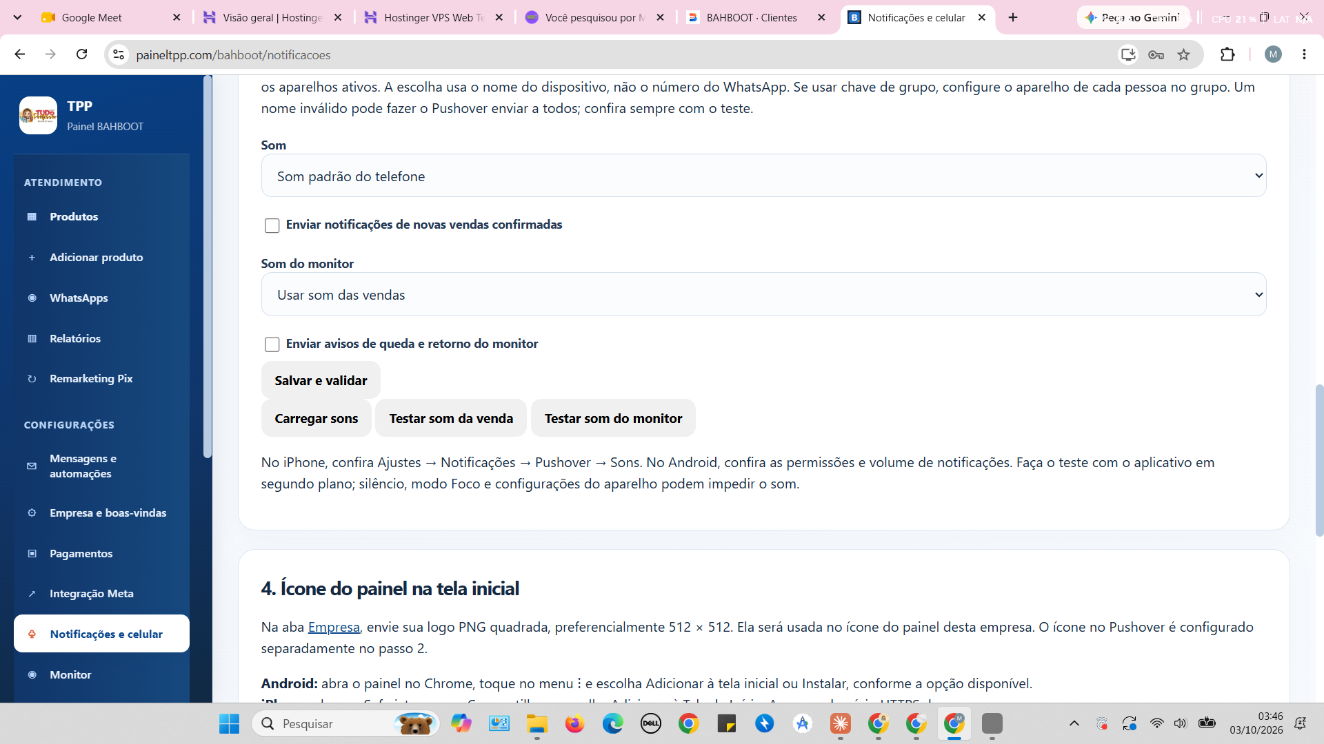 Captura real da configuração de alertas: sons de vendas e de monitor, botões de teste